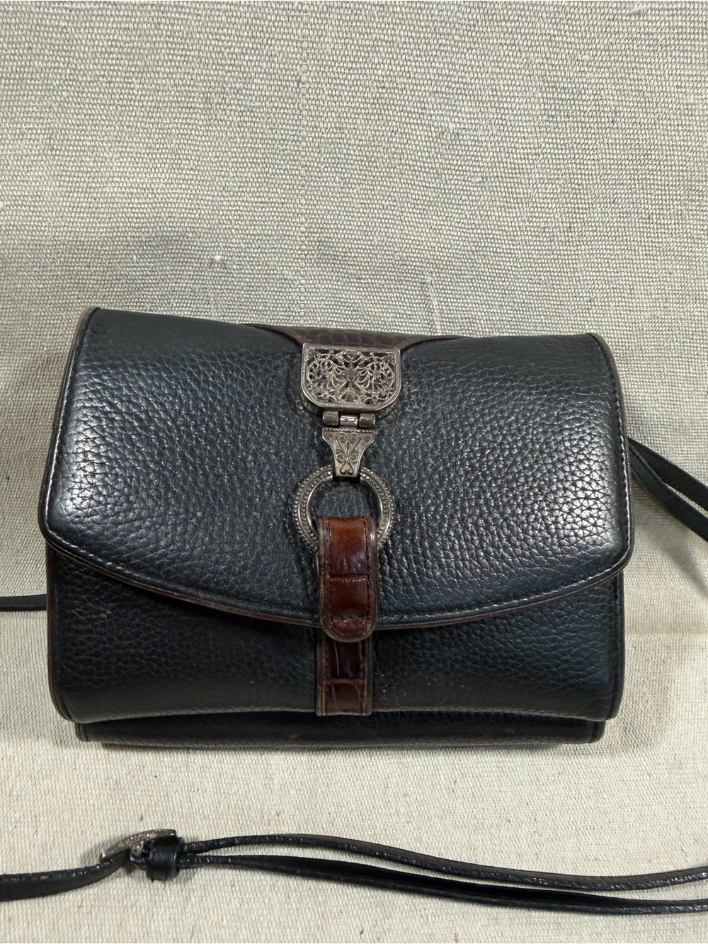 Brighton Black Leather Crossbody with Brown Accent and Ornate Silver Hardware